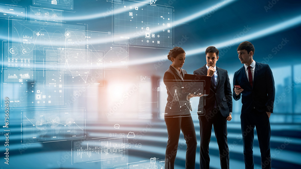 Poster group of multinational businessperson working in office and digital technology concept. digital tran