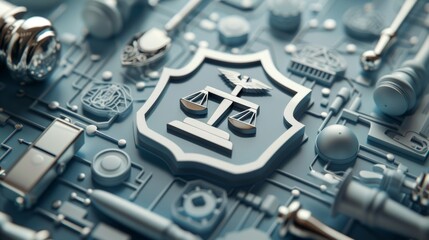 Digital Justice Emblem with Shield and Gavel Symbol, Front View in Tetradic Colors