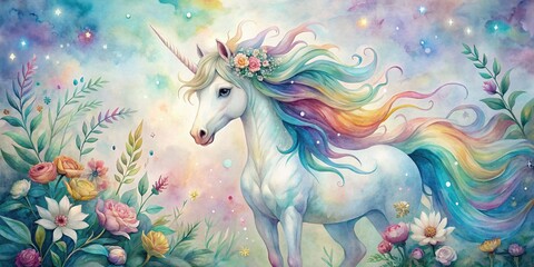 Whimsical mythical unicorn with a shimmering rainbow mane and tail, set against a soft, dreamy watercolor background with delicate floral accents.