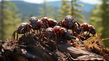 Fototapeta premium a group of red bugs are on a log with trees in the background.