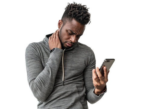 Pessoas com a sindrome "Text Neck", Dores na coluna cervical  e pesco&ccedil;o causadas pelo uso excessivo de celulares.