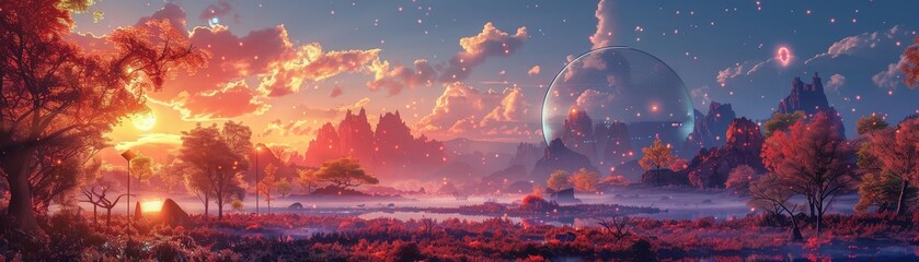 Naklejka premium Futuristic Landscape with Dome City and Vibrant Sunset Over Alien Terrain