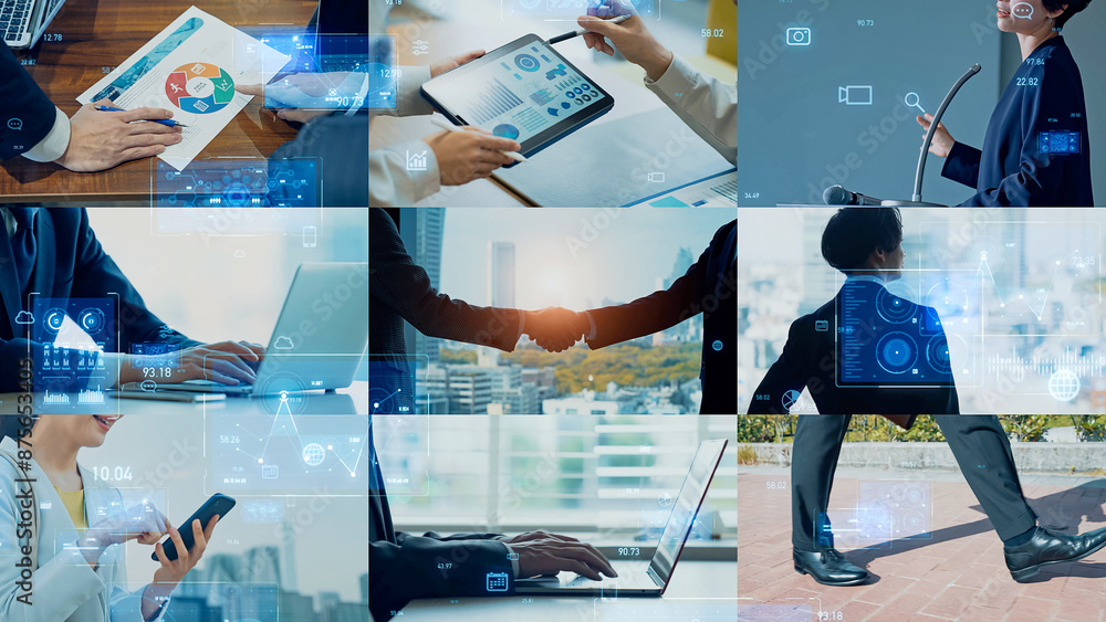 Aufkleber collage of various business scenes and digital data concept. multi screen.
