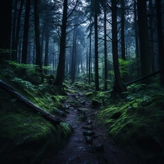 an image of a path in a dark forest