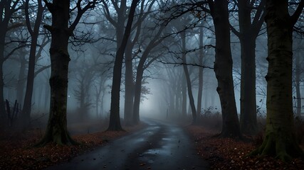 Fototapeta premium enigmatic woodland with a tinge of Halloween and a moonlit walk fog