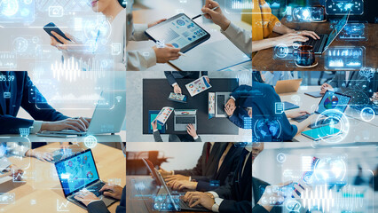 Collage of various business scenes and digital data concept. Multi screen.