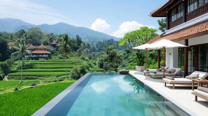Fototapeta premium Hotel swimming pool accommodation by rice terrace for relax vacation