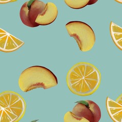 Illustration, seamless pattern, set of fruits, lemons and peach