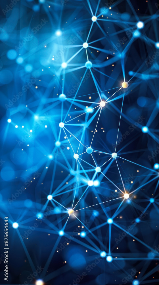 Poster a blue background with a lot of dots and lines. the image is abstract and has a futuristic feel to i