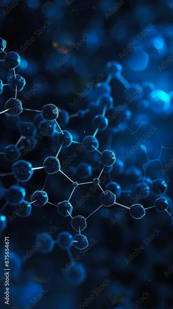 Poster a blue and white image of a molecule. the molecule is made up of many small spheres, and the spheres