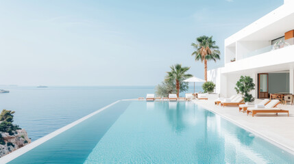 Fototapeta premium Hotel swimming pool accommodation by ocean seaside for relax vacation