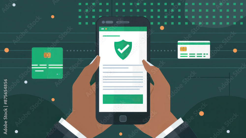 Poster A person is holding a cell phone with a green check mark on it. The phone is displaying a message that says 