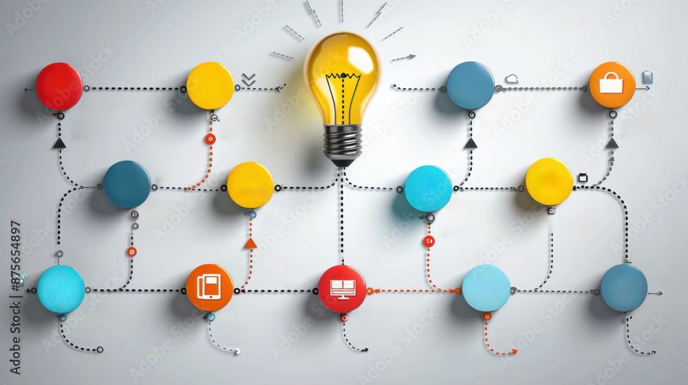 Poster a colorful diagram with a light bulb in the middle. the light bulb is surrounded by many other circl