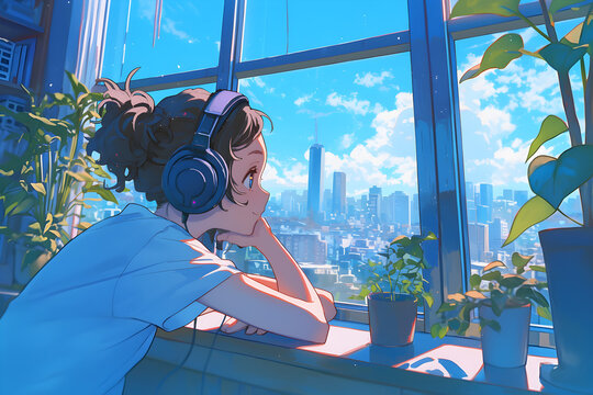 Girl listening to music, looking out a high window at a city skyline. Anime style, Cozy vibes