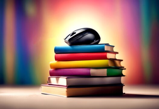 top rainbow hanging computer mouse from stack colored book e-learning colourful literature pile accumulation arrangement background