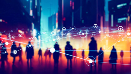 Group of people in futuristic city and communication network concept.
