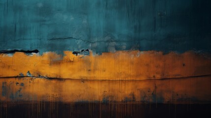 an orange and blue wall with peeling paint