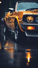 Fototapeta premium an orange muscle car parked in the rain at night