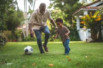Obraz premium Father playing soccer with son in the garden having fun family bonding concept