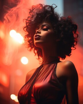 beautiful african american woman in red dress with smoke coming out of her mouth