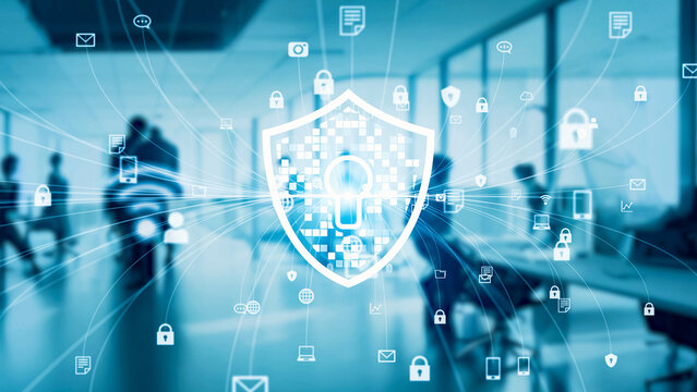 Futuristic office and network security concept. Cyber security.