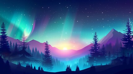 Aurora Borealis stretching across the horizon with silhouettes of pine trees in the foreground