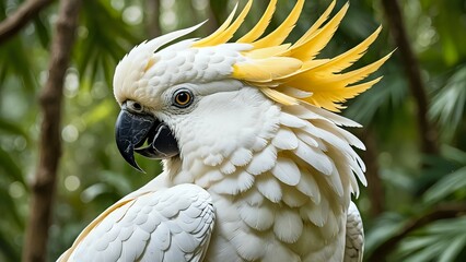 A close-up shot of a white cockatoo with yellow feathers, looking to the side.
