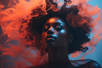 beautiful african american woman with red smoke in her hair