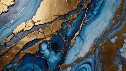 Modern abstract artwork, featuring a luxurious blue shades and golden ink marble design.Abstract painting, can be used as a trendy background for wallpapers, posters, cards, invitations, websites.