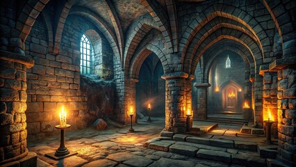 Obraz premium Dark, mysterious, and abandoned medieval dungeon with crumbling stone walls, flickering torches, and ominous shadows, evoking a sense of foreboding and eerie atmosphere.