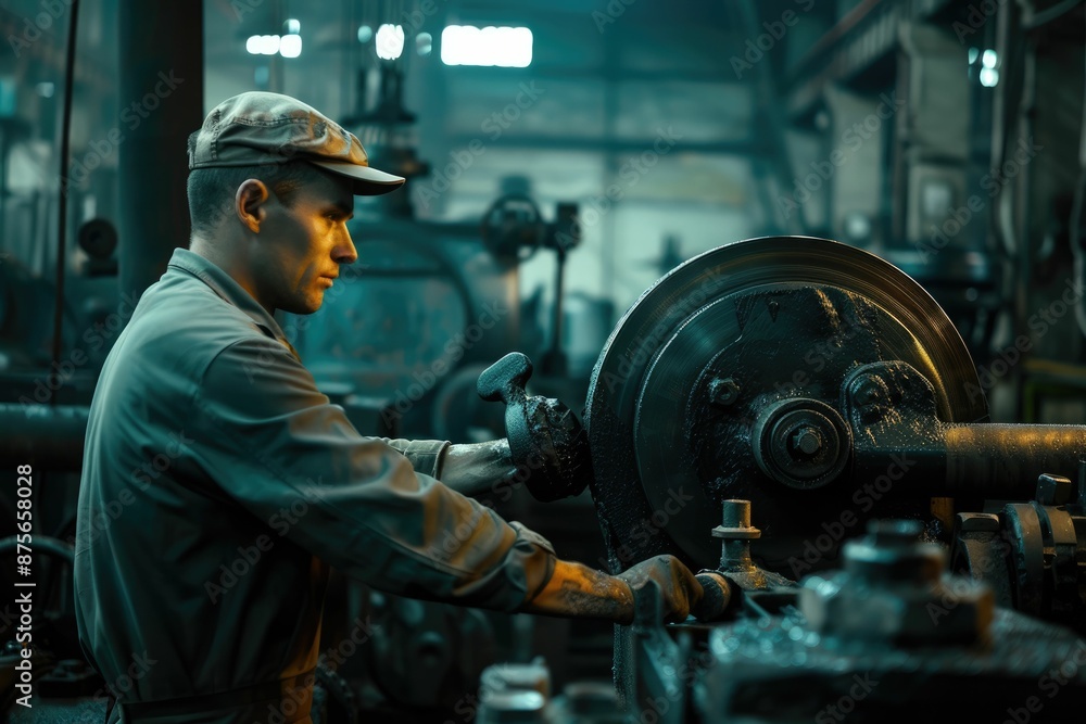 Poster smart engineer checking iron machine in factory while wearing safety helmet. professional industrial
