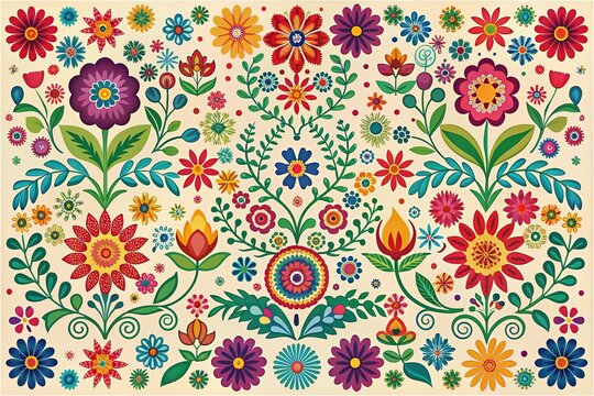Colorful vector set of traditional Mexican folk ornaments featuring symmetrical patterns of vibrant flowers and leaves on a light background, ideal for textile printing and decor.