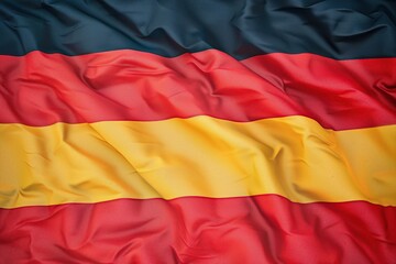Close-up of a wrinkled flag featuring horizontal stripes in black, red, and yellow. National symbol perfect for patriotic and cultural themes.