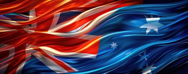 Fluidic representation of combining Australian and British flags, showcasing a vibrant blend of national symbols in motion.