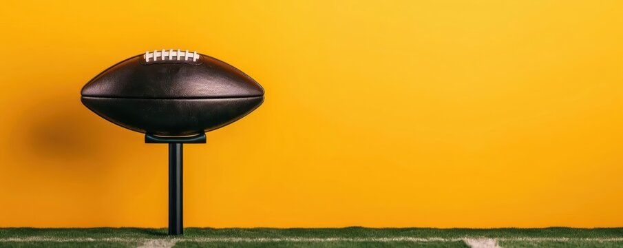 A football on a tee with a vibrant yellow background and green turf, ready for kickoff. Perfect for sports-related content.