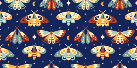Mystic night aesthetic seamless background. Retro boho wallpaper. Mystery insects: moths, butterflies. Dark blue flat style print