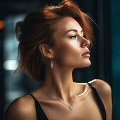 Fototapeta premium beautiful woman with red hair posing in front of a window