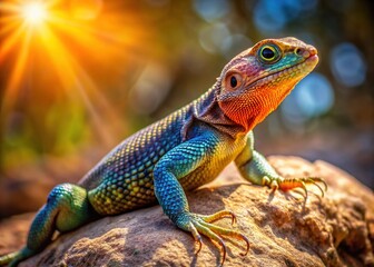 Fototapeta premium A vibrant lizard with a missing tail, exhibits remarkable resilience, perched on a sun-basked rock, its scaly skin glistening, eyes alert, and body language exuding confidence.