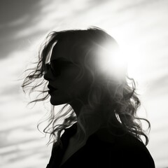 black and white image of a woman with sunglasses in front of the sun