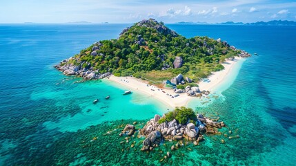 Fototapeta premium Beautiful nature landscape. Aerial view of tropical rocky island, turquoise water and white sand beach 
