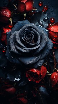 black roses with water droplets and red roses on a dark background