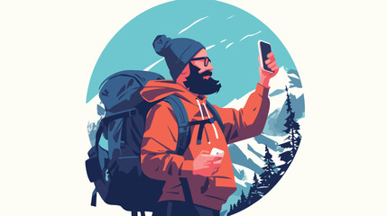 A hipster man with the beard making selfie on the back