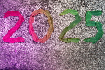 New year numbers 2025 made from natural leaves of different colors against the background of gray asphalt