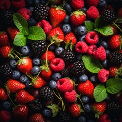 Obraz premium fresh berries and raspberries on a black background