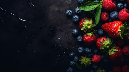 fresh blueberries raspberries and strawberries on a black background