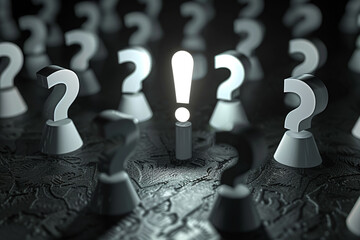 A large exclamation mark in the center of an array of question marks