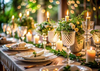 Fototapeta premium Elegant wedding reception table setting with white linen, fine china, crystal glasses, mercury glass vases, and lush greenery, surrounded by soft candlelight ambiance.