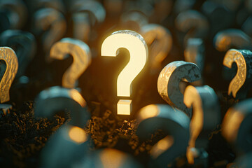 A large exclamation mark in the center of an array of question marks