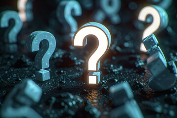 A large exclamation mark in the center of an array of question marks