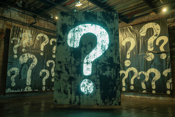 A large exclamation mark in the center of an array of question marks